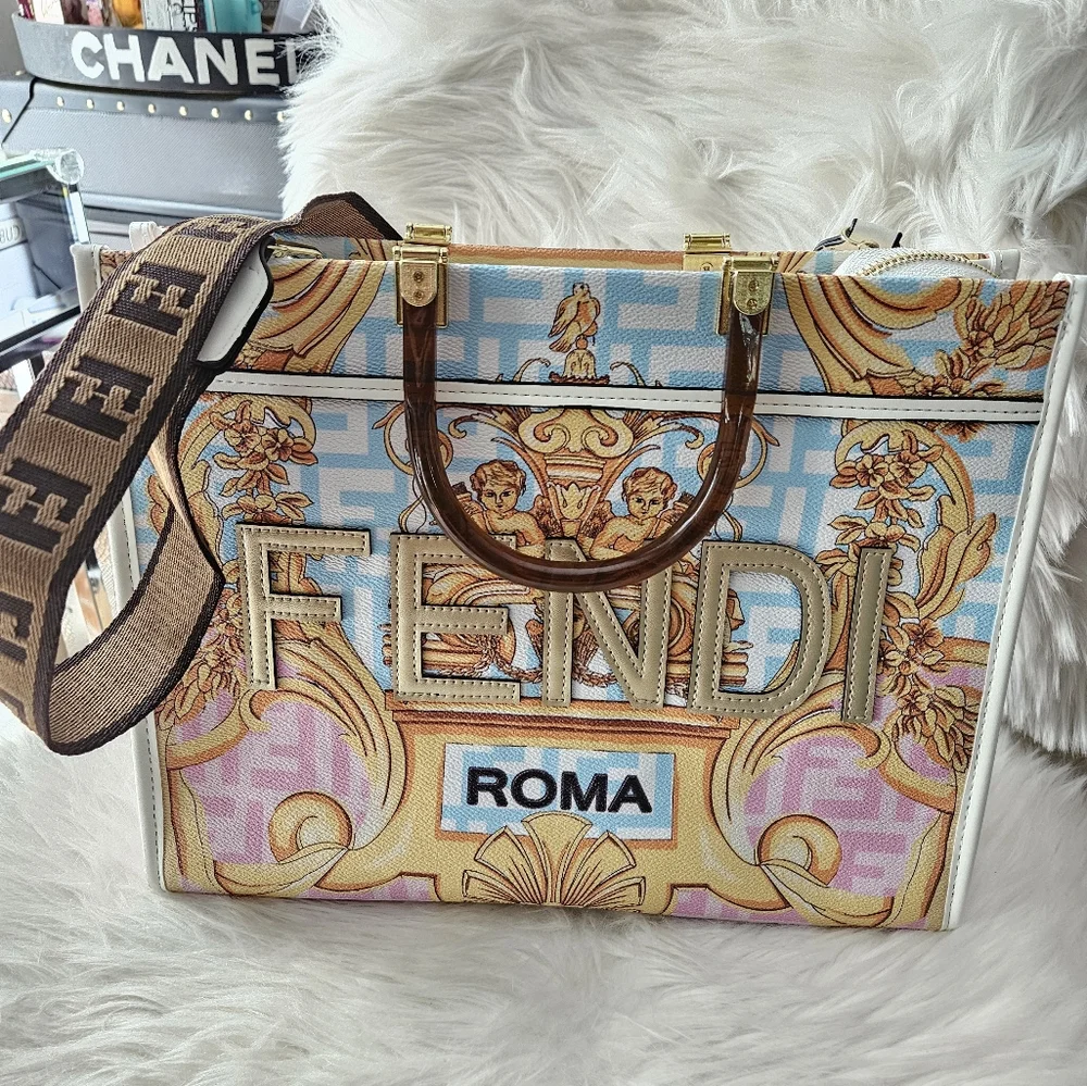 Fendi Multicolor Baroque Canvas Satchel in Blue, Pink & Gold